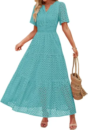 ZESICA Women's 2025 Summer Short Sleeve Maxi Dress Casual V Neck Hollow Out Eyelet Ruffle Swing A Line Long Dresses