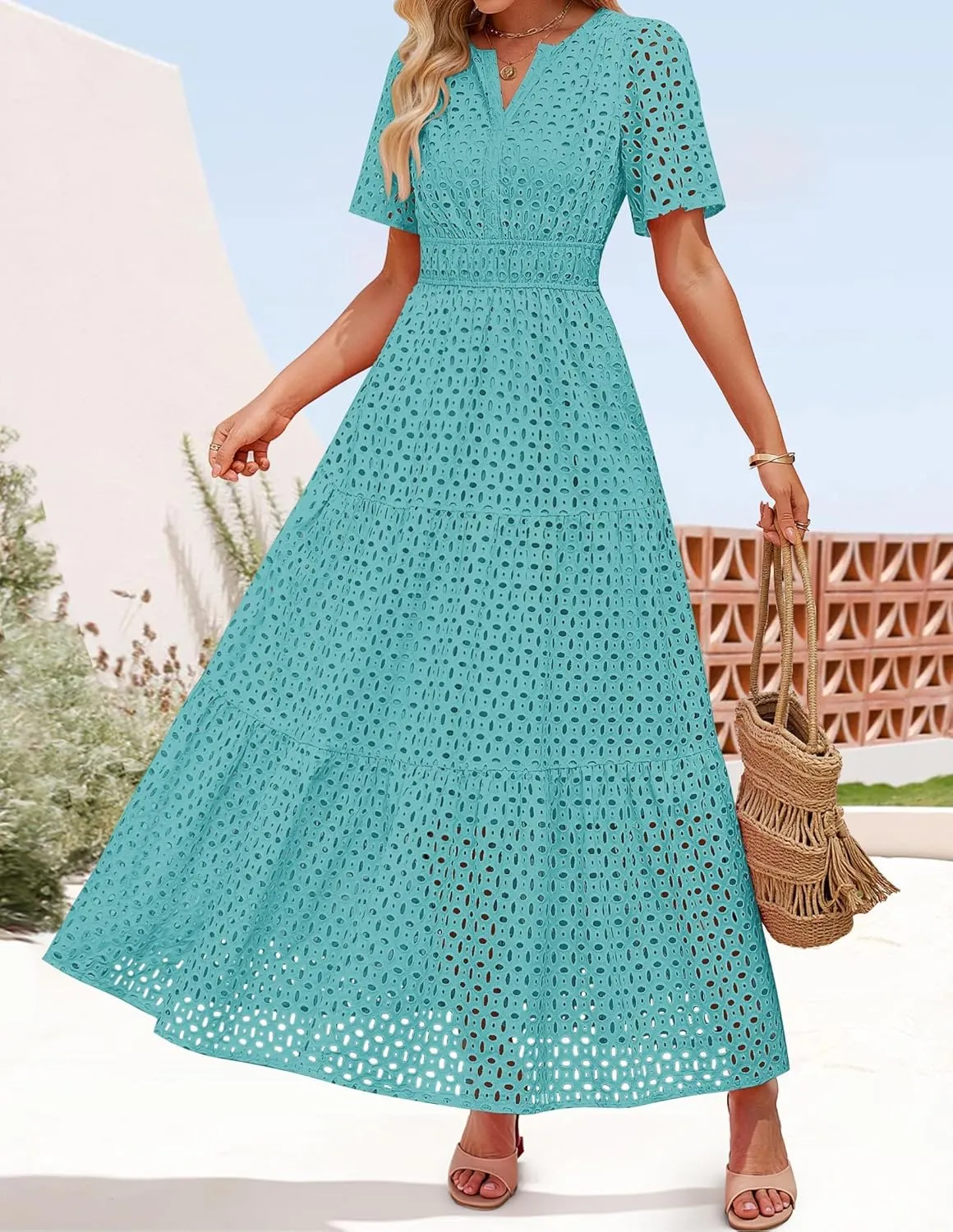 ZESICA Women's 2025 Summer Short Sleeve Maxi Dress Casual V Neck Hollow Out Eyelet Ruffle Swing A Line Long Dresses
