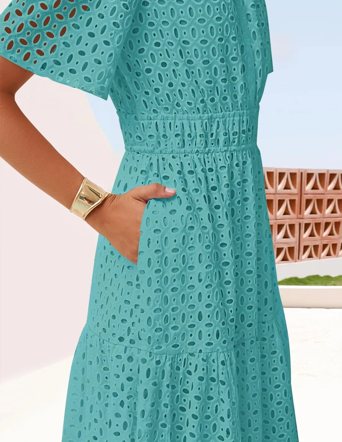 ZESICA Women's 2025 Summer Short Sleeve Maxi Dress Casual V Neck Hollow Out Eyelet Ruffle Swing A Line Long Dresses