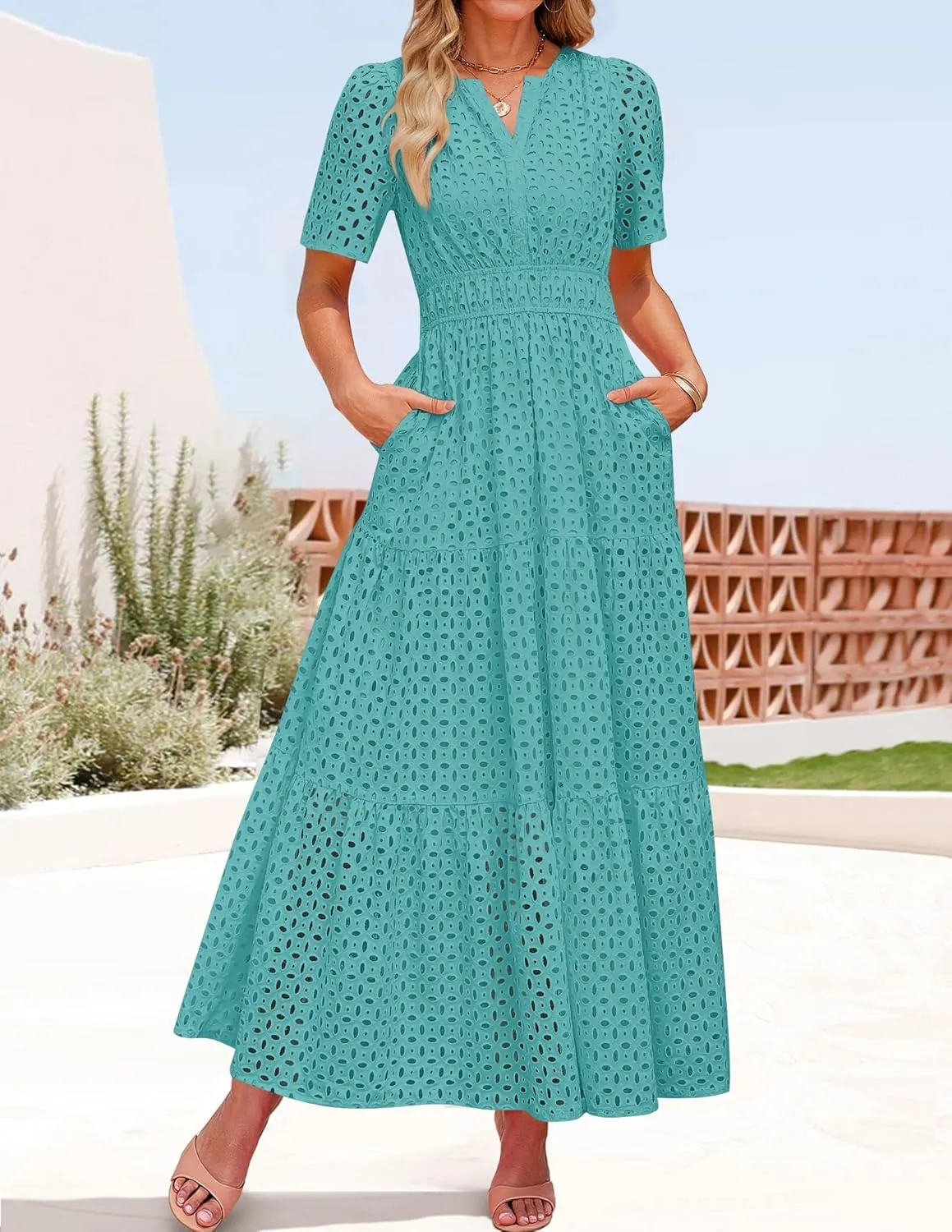 ZESICA Women's 2025 Summer Short Sleeve Maxi Dress Casual V Neck Hollow Out Eyelet Ruffle Swing A Line Long Dresses