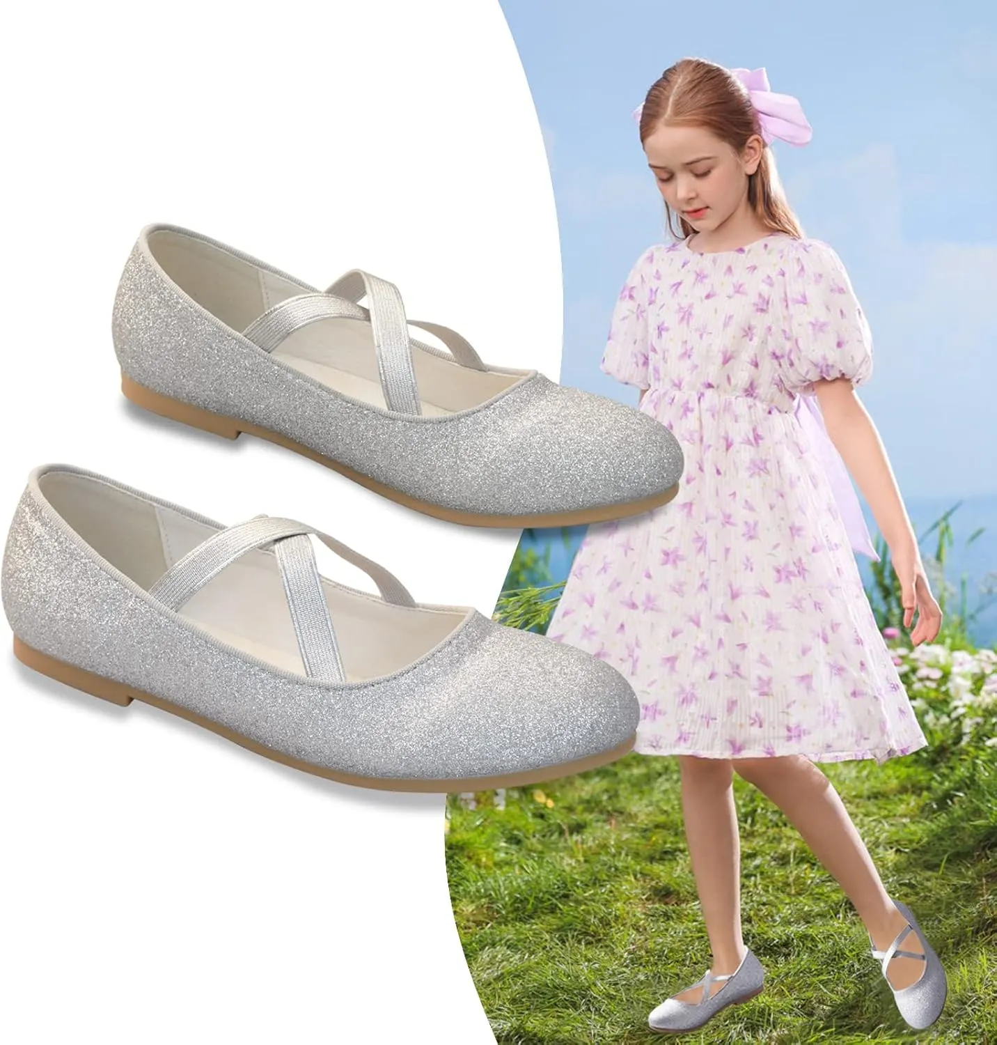 ZGDG Girls Flat Dress Shoes Ballet Shoes,Glitter Mary Jane Flats Wedding Party Ballerinas with Elastic Strap for Little/Big Kid