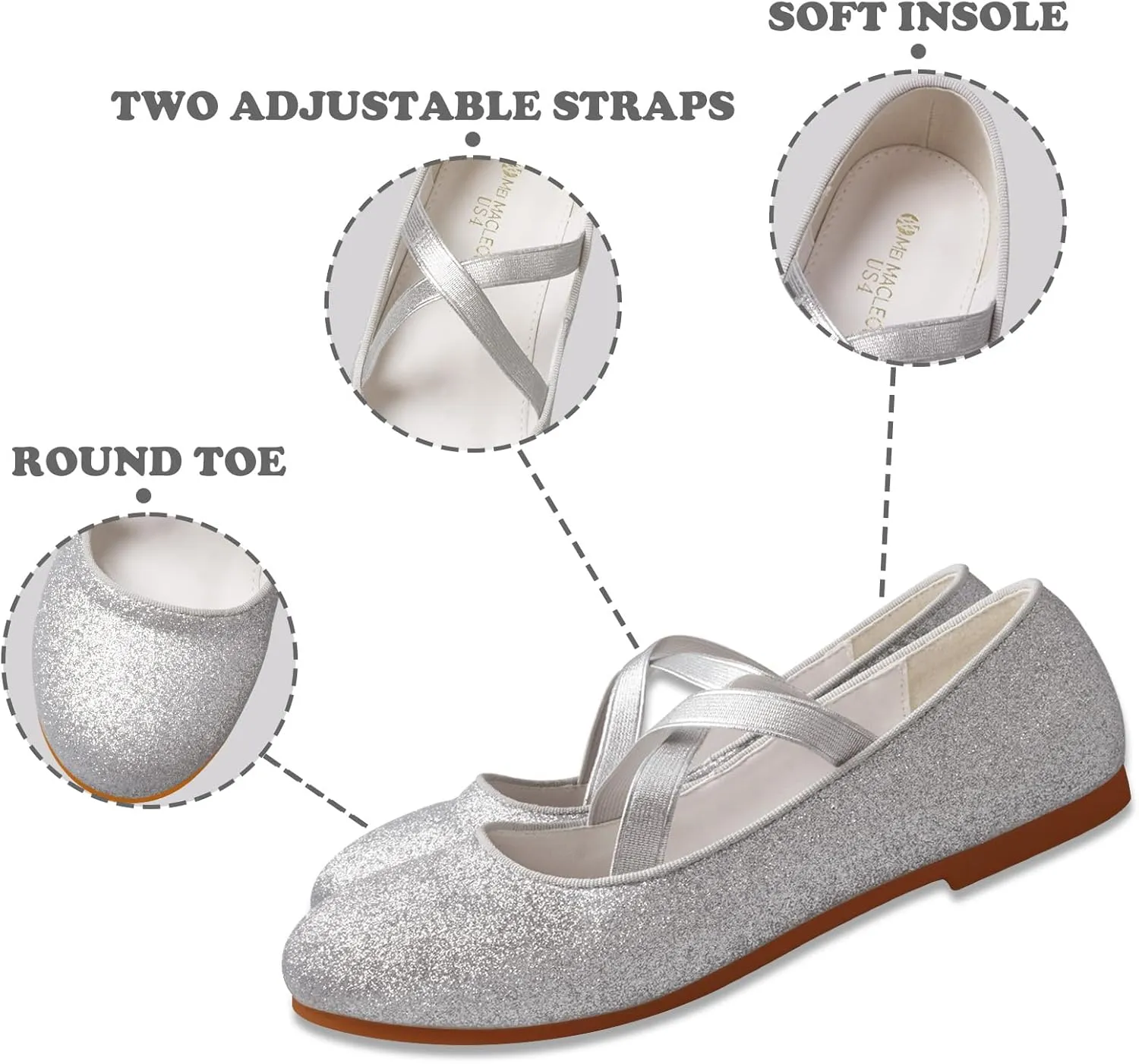 ZGDG Girls Flat Dress Shoes Ballet Shoes,Glitter Mary Jane Flats Wedding Party Ballerinas with Elastic Strap for Little/Big Kid