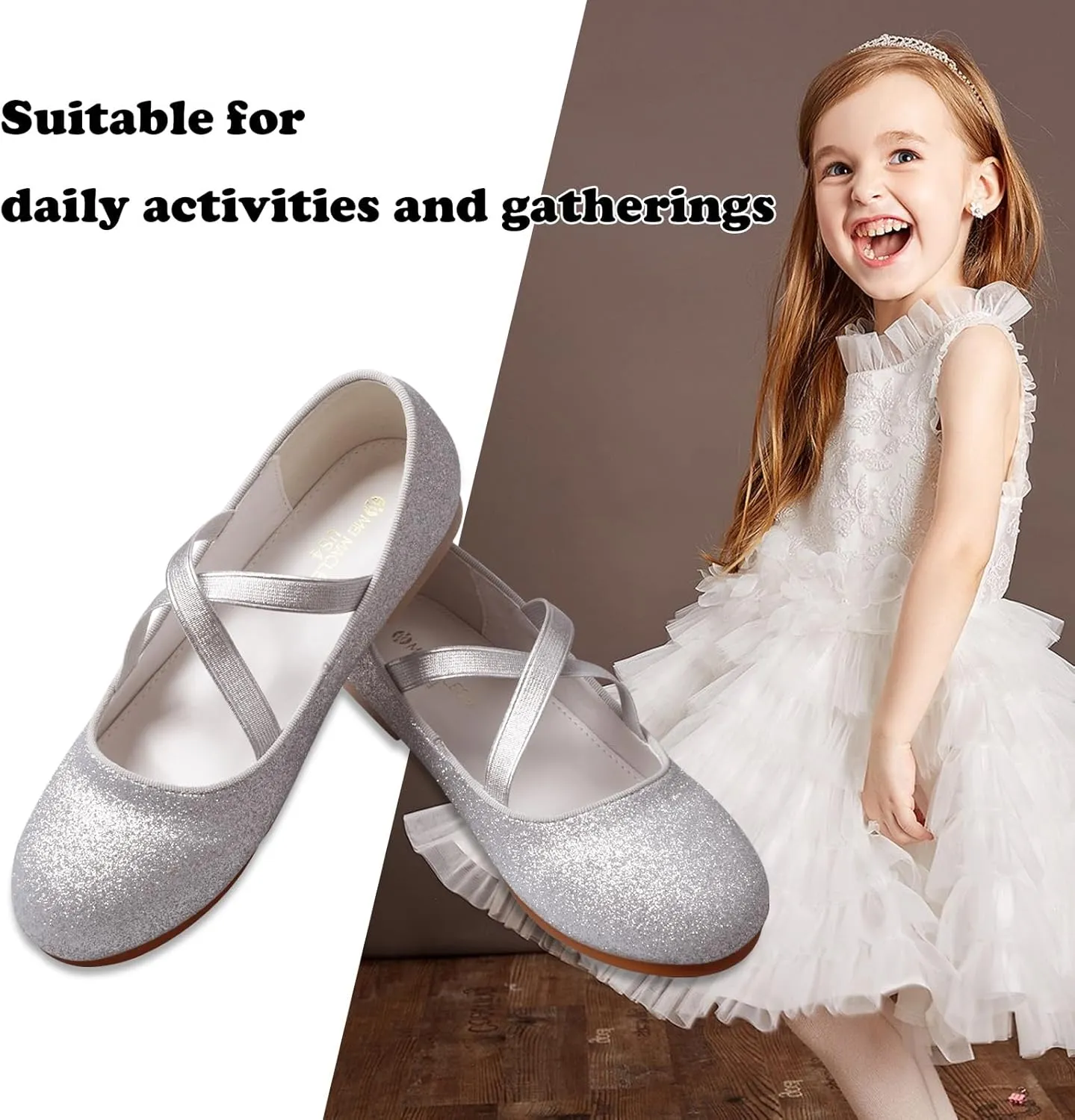 ZGDG Girls Flat Dress Shoes Ballet Shoes,Glitter Mary Jane Flats Wedding Party Ballerinas with Elastic Strap for Little/Big Kid