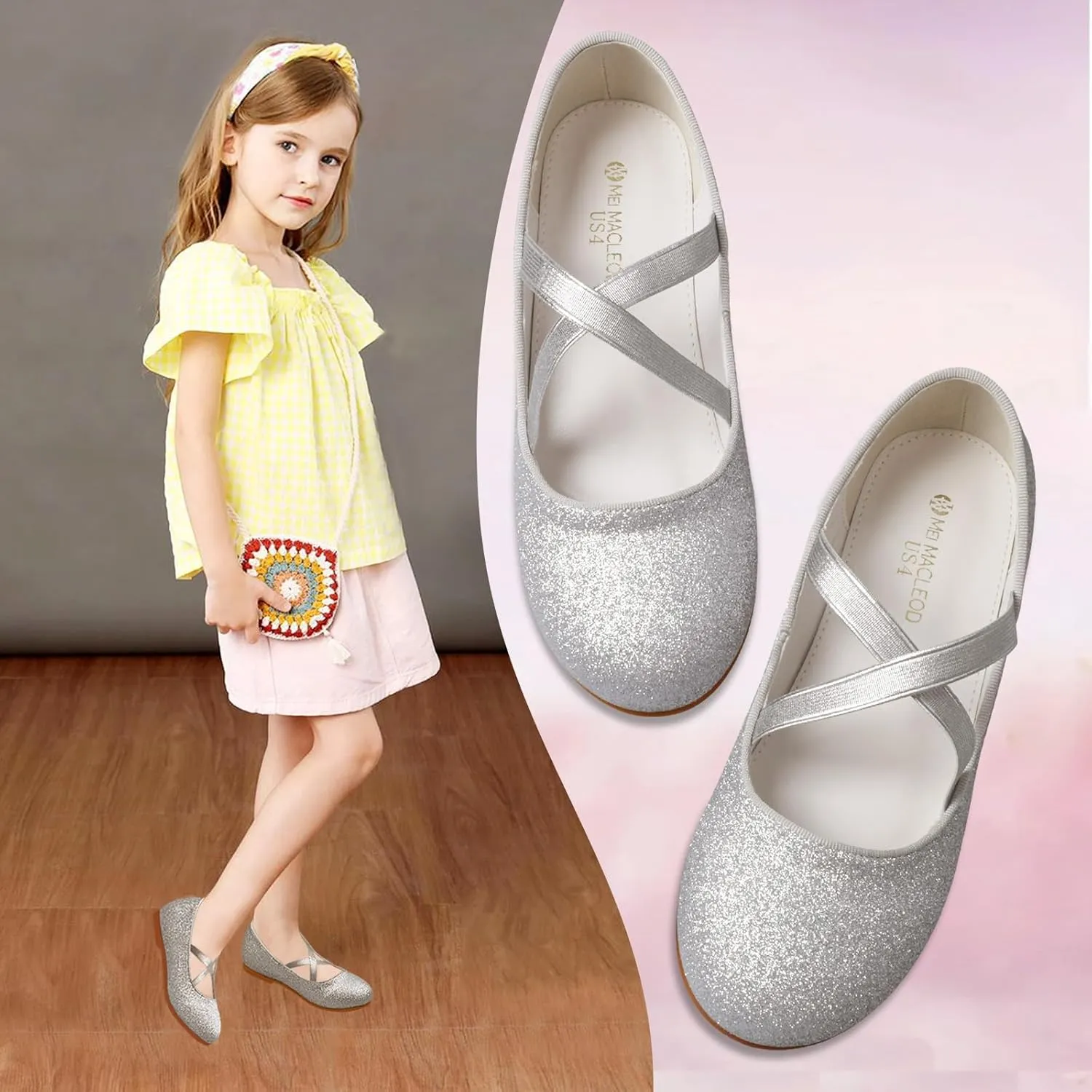 ZGDG Girls Flat Dress Shoes Ballet Shoes,Glitter Mary Jane Flats Wedding Party Ballerinas with Elastic Strap for Little/Big Kid