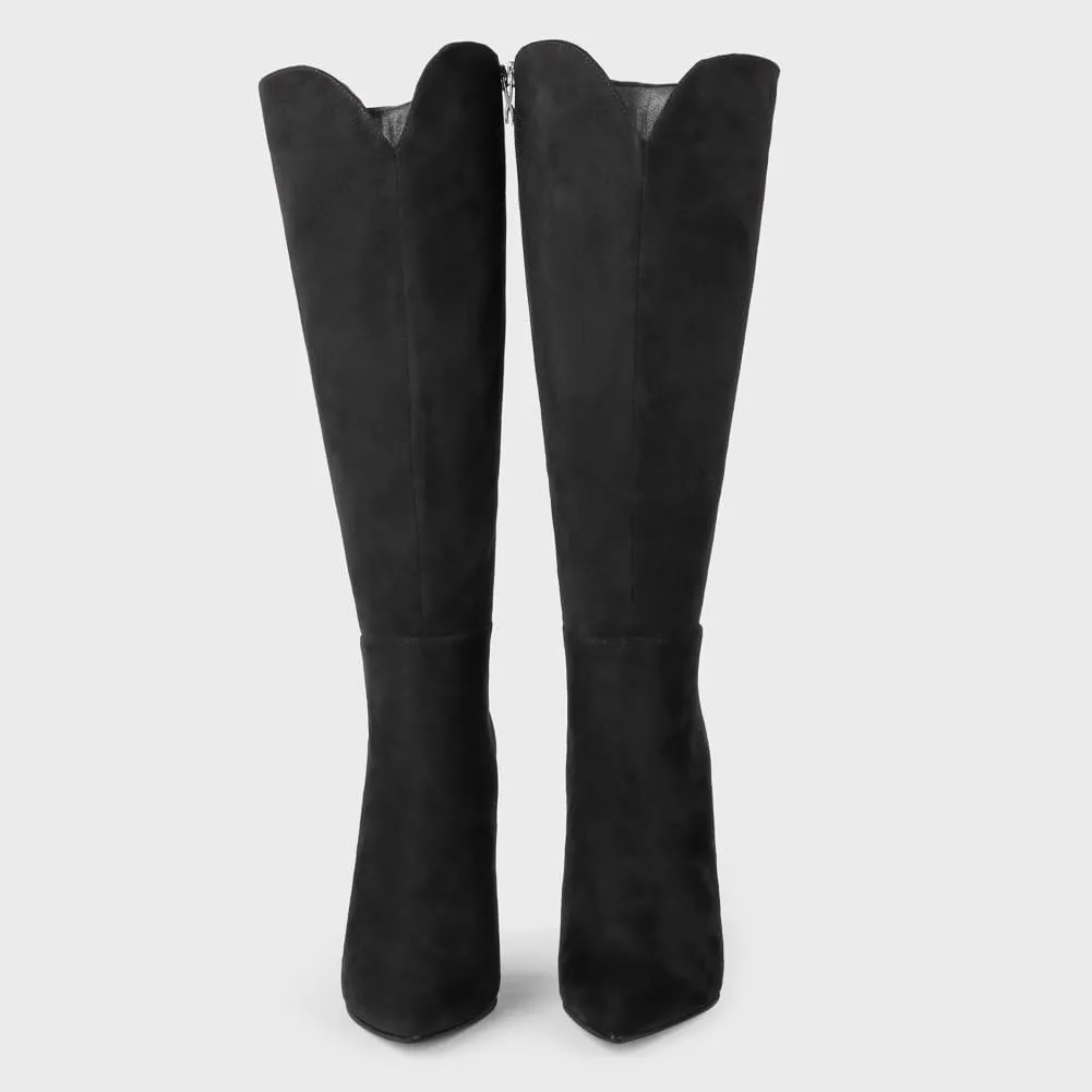 Zzheels Stiletto Knee High Boots Sexy V-Cut High Heeled Boots Pointed Toe Side-Zip Booties Winter Party Dress Shoes