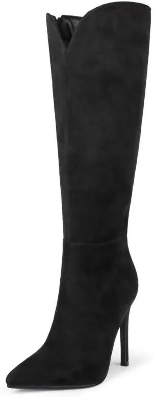 Zzheels Stiletto Knee High Boots Sexy V-Cut High Heeled Boots Pointed Toe Side-Zip Booties Winter Party Dress Shoes