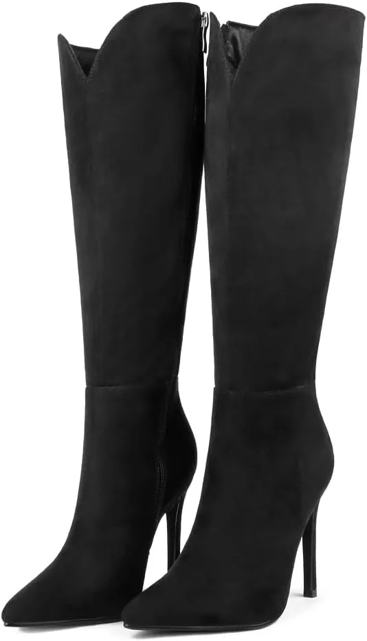 Zzheels Stiletto Knee High Boots Sexy V-Cut High Heeled Boots Pointed Toe Side-Zip Booties Winter Party Dress Shoes